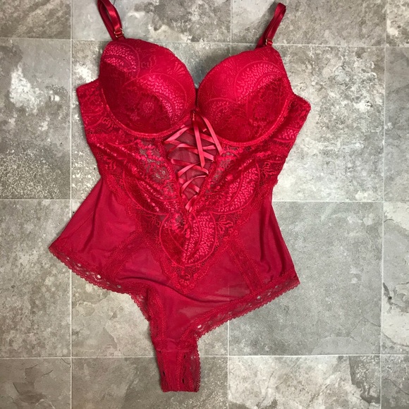 Black Fuchsia by Secret Lace Red Lace Medium Teddy - Picture 8 of 16